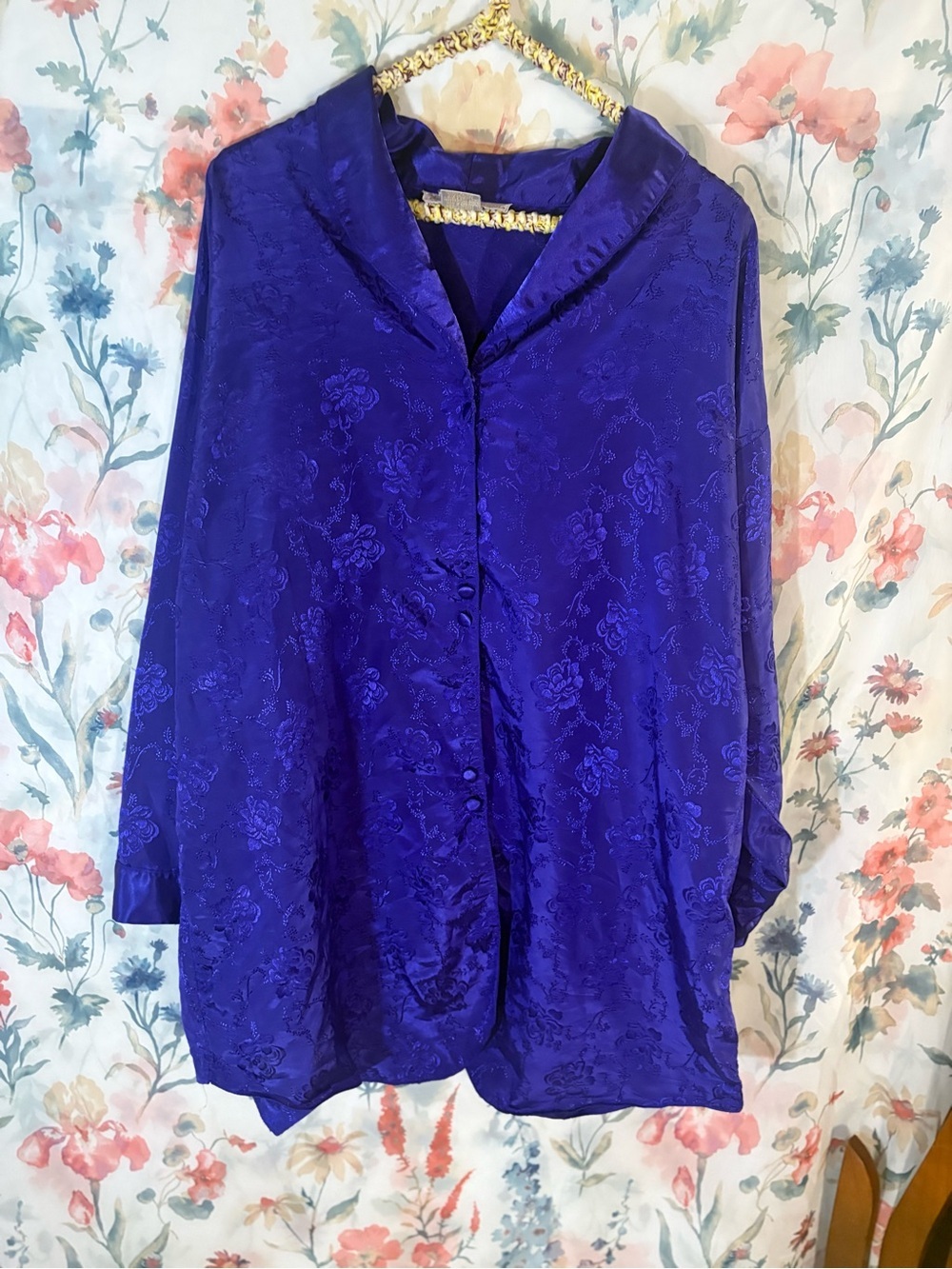 Vintage Silk-Feel Purple Floral Jacquard Chemise Top